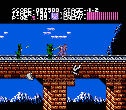 Ninja Gaiden (NES) screenshot: Continue along the rail tracks to make it into the tower