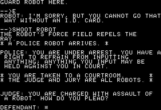 Planet of the Robots (Apple II) screenshot: Arrested for Robot Assault