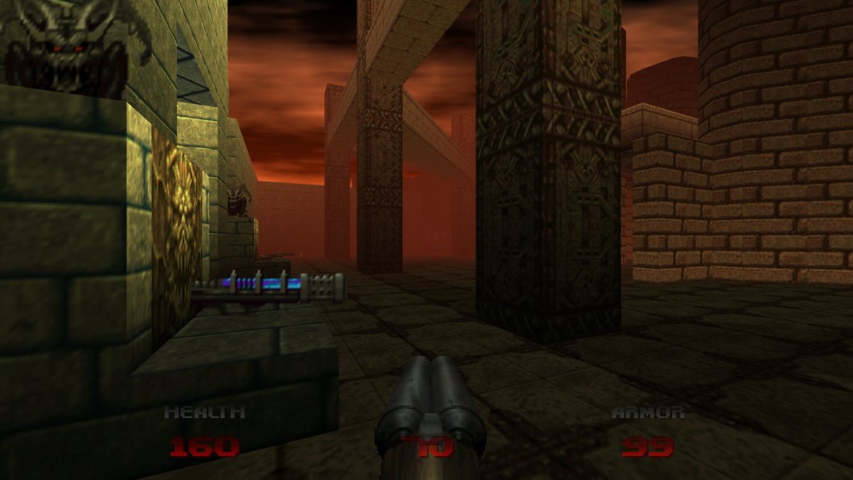 Doom 64 (Windows) screenshot: Moody lighting in a level where you will fight many waves of enemies.