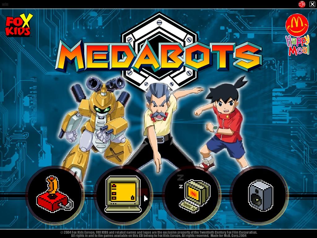 Medabots (Windows) screenshot: Menu screen, icons from left to right : game, wallpapers, screensaver and songs