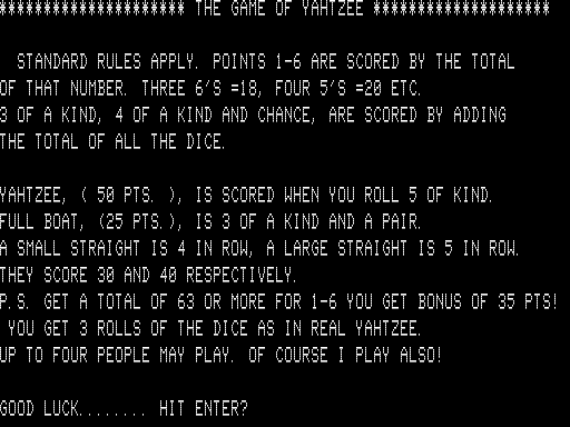 Yahtzee (TRS-80) screenshot: Instructions