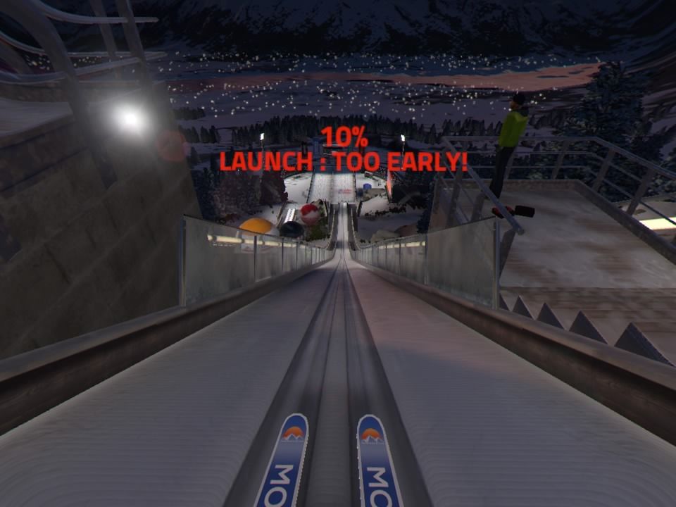 Ski Jumping Pro VR (PlayStation 4) screenshot: Bad lunch with wind opposite to player's trajectory