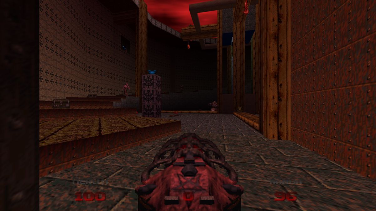 Doom 64 (Windows) screenshot: Carrying the Unmaker weapon at the start of a short, but open and vertically oriented level.