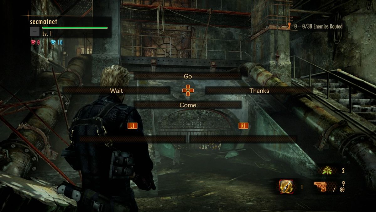 Resident Evil: Revelations 2 - Raid Mode Character: Albert Wesker (PlayStation 4) screenshot: Bringing up the commands screen