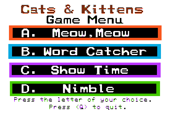 Cats and Kittens (Apple II) screenshot: Main menu