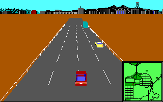 Vette! (DOS) screenshot: Helicopter chase view without dashboard