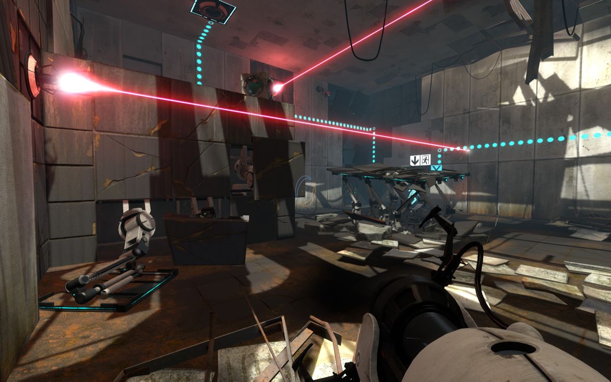 Portal 2 (Windows) screenshot: Lasers are a new element to work with. They activate switches and can take out turrets. There are special blocks used to redirect them.