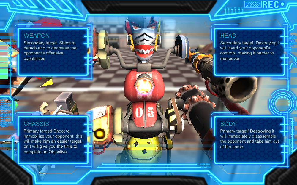 Guns and Robots (Browser) screenshot: Instruction on the damaging of the different parts