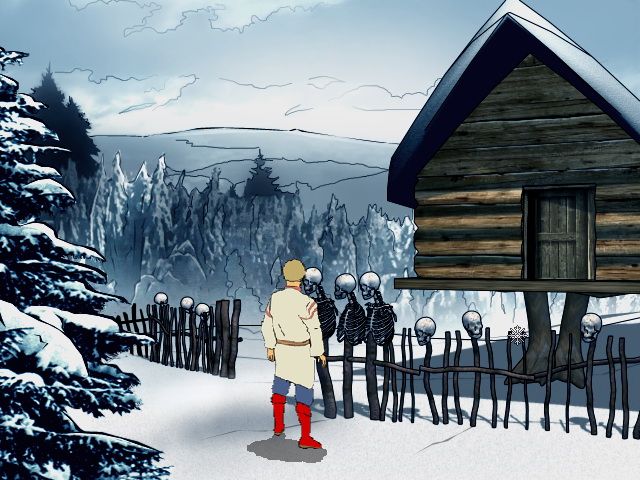 Fairy Tale about Father Frost, Ivan and Nastya (Windows) screenshot: Ivan in front of Baba Yaga's house