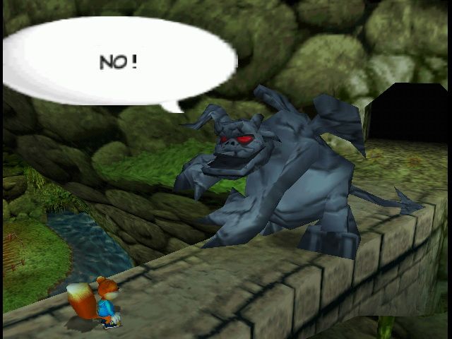 Conker's Bad Fur Day (Nintendo 64) screenshot: The Gargoyle blocks the bridge