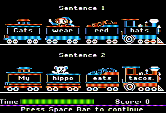Grammar Toy Shop (Apple II) screenshot: Making Sentences