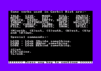 Gerbil Riot of '67 (Amstrad CPC) screenshot: Verbs and special commands used in the game