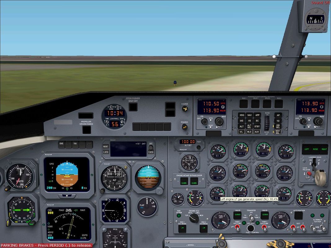 Dash 8-300 Professional (Windows) screenshot: The pilots view forward. Hovering the mouse over an instrument displays a label showing what that instrument is.