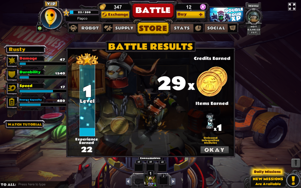 Guns and Robots (Browser) screenshot: Battle results