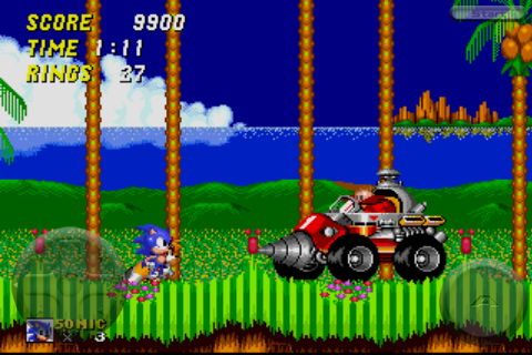 Sonic the Hedgehog 2 (iPhone) screenshot: Robotnik has a new set of wheels... stage 1 act 2 boss.