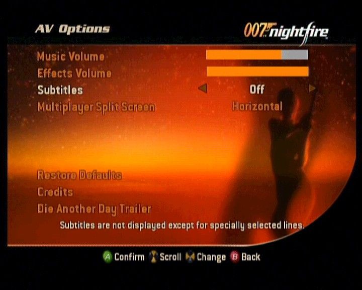 007: Nightfire (Xbox) screenshot: One of the option menus, the game even includes trailer to Die Another Day, most recent Bond movie.