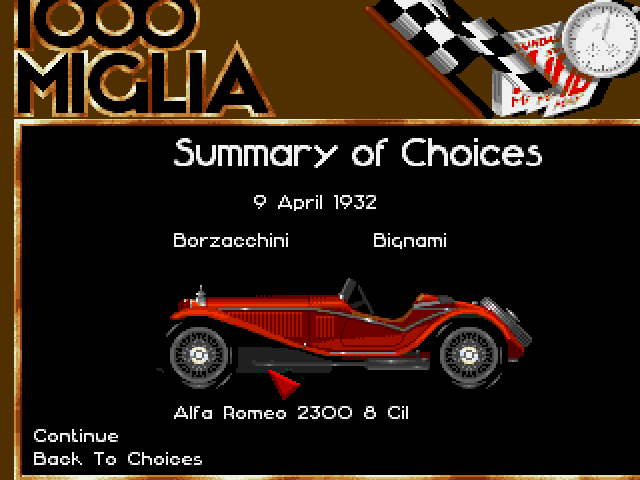 1000 Miglia (Amiga) screenshot: Car Selection