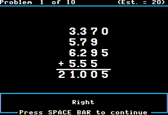 Conquering Decimals (+, -) (Apple II) screenshot: Practicing Addition