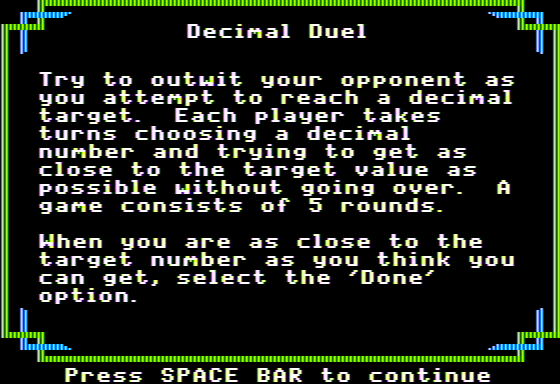 Decimal Concepts (Apple II) screenshot: Decimal Duel - Instructions