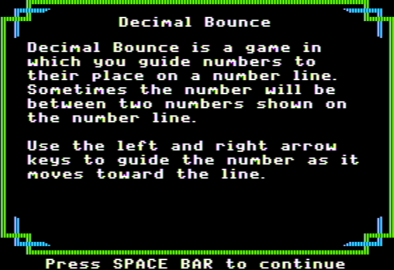 Decimal Concepts (Apple II) screenshot: Decimal Bounce - Instructions