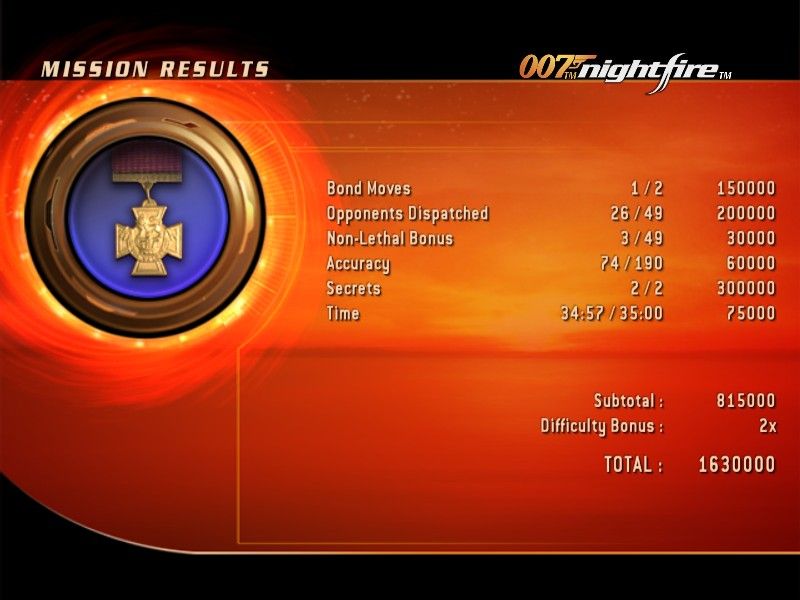 007: Nightfire (Windows) screenshot: After each level you get a performance summary that includes secrets and "Bond Moves".