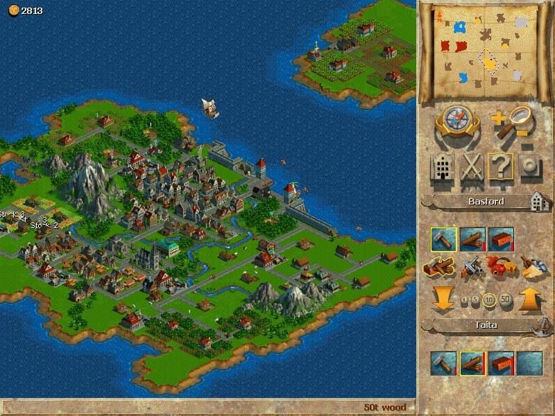 1602 A.D. (Windows) screenshot: A zoomed out view of your town