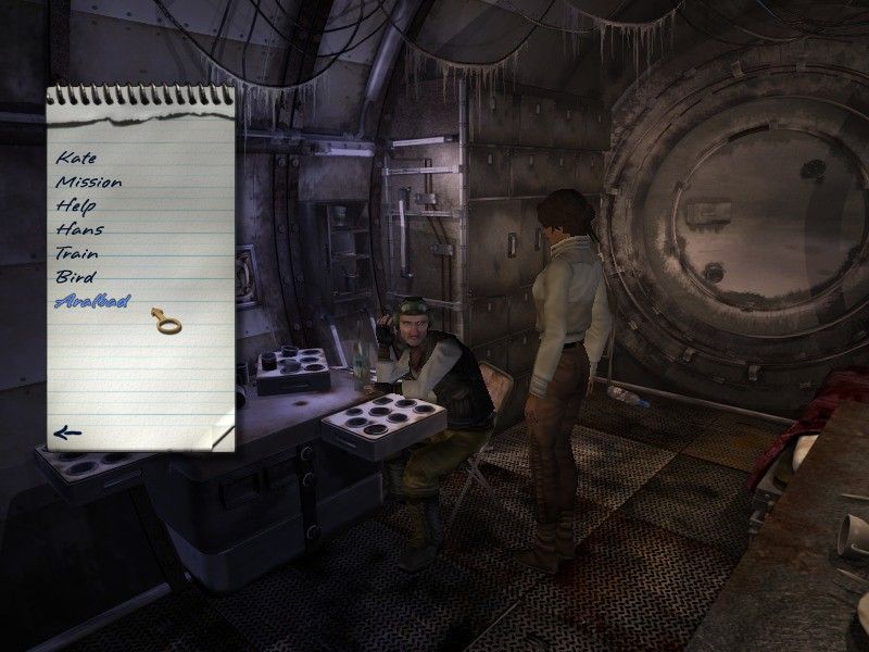 Syberia (Windows) screenshot: Dialogues are done through topics Kate has scribbled upon her notebook