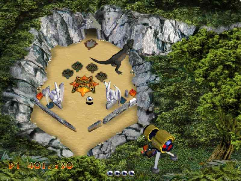 3-D Ultra Pinball: The Lost Continent (Windows) screenshot: In most tables, you have one goal. In this one, it is whacking the T-Rex.