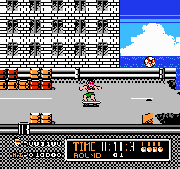 Town & Country Surf Designs: Wood & Water Rage (NES) screenshot: Bouncing beach balls can knock you off of your skateboard if you aren't careful...