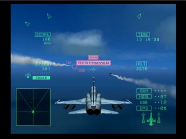 Ace Combat 5: The Unsung War (PlayStation 2) screenshot: Firing missiles at unmanned recon crafts... no casualties at least