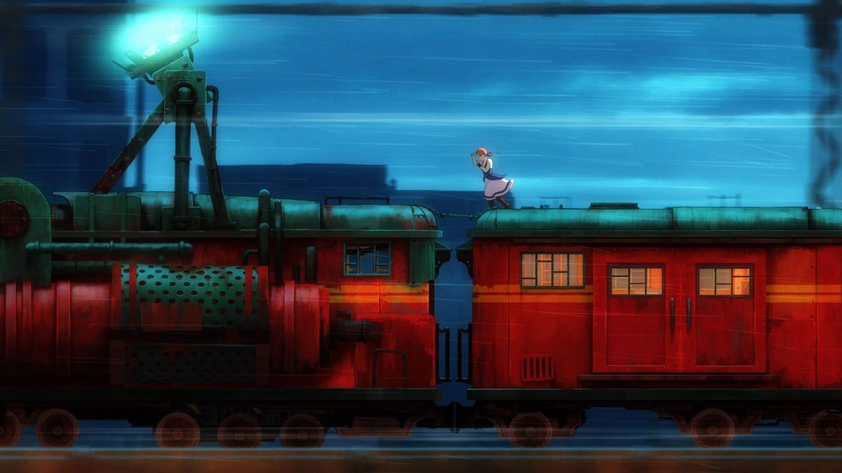 Forgotton Anne (PlayStation 4) screenshot: This train is on a collision course, gotta reach the locomotive and stop it before it's too late