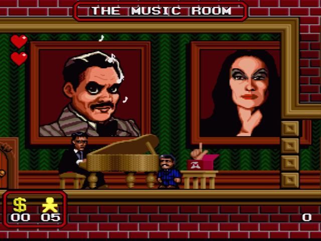 The Addams Family (SNES) screenshot: The pianist ignores Mr. Addams completely