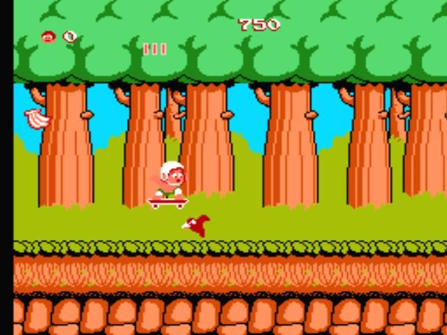 Adventure Island (NES) screenshot: Skateboard! Yahoo!!