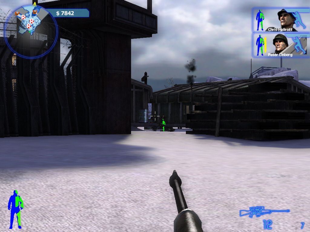 Bet on Soldier: Blood Sport (Windows) screenshot: The cheapest sniper rifle lacks even a scope. The green figure indicates the target's health.