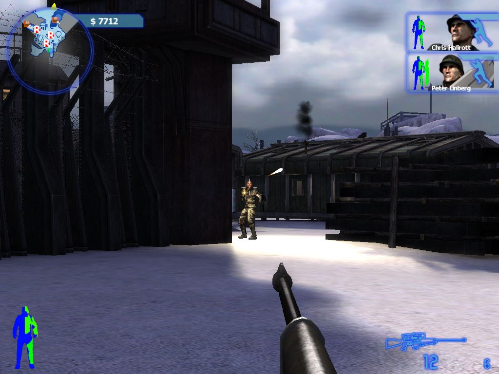 Bet on Soldier: Blood Sport (Windows) screenshot: While ducking and staying still the crosshair narrows, showing improved accuracy.