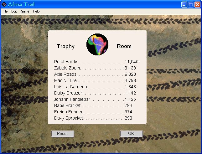 Africa Trail (Windows) screenshot: Trophy Room a.k.a High Scores