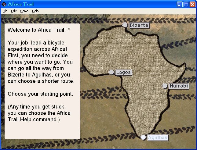 Africa Trail (Windows) screenshot: Choice of starting point