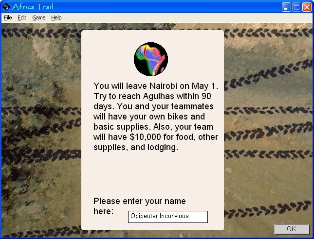Africa Trail (Windows) screenshot: Name select journey info etc.