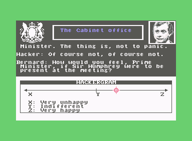 Yes Prime Minister: The Computer Game (Commodore 64) screenshot: occasionally some questions require a quantitative reply on a graph called "hackergram"