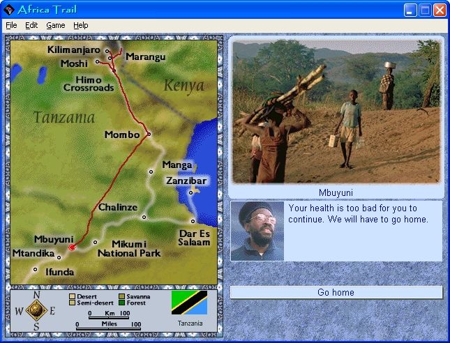 Africa Trail (Windows) screenshot: Your health is too bad a.k.a. Game Over