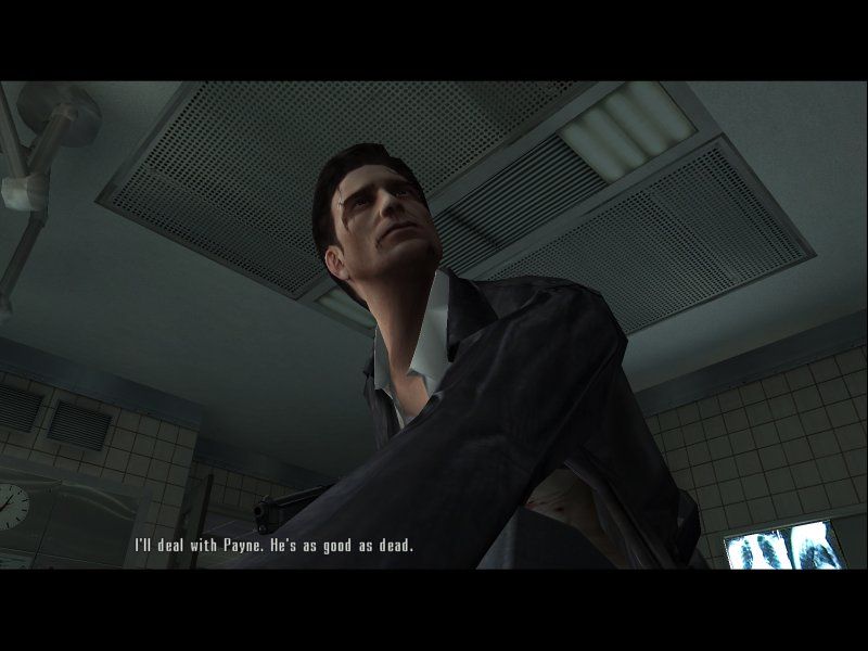 Max Payne 2: The Fall of Max Payne (Windows) screenshot: Trying to shake off the effect of the drugs and the pain in every bone of the body, Max finds his first corpse, and hears the first treath... This can't be good.