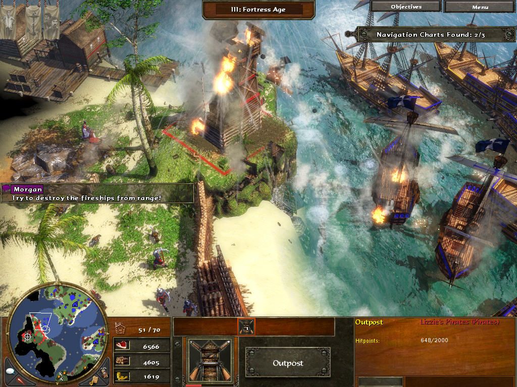 Age of Empires III (Windows) screenshot: Destroying enemy naval base.