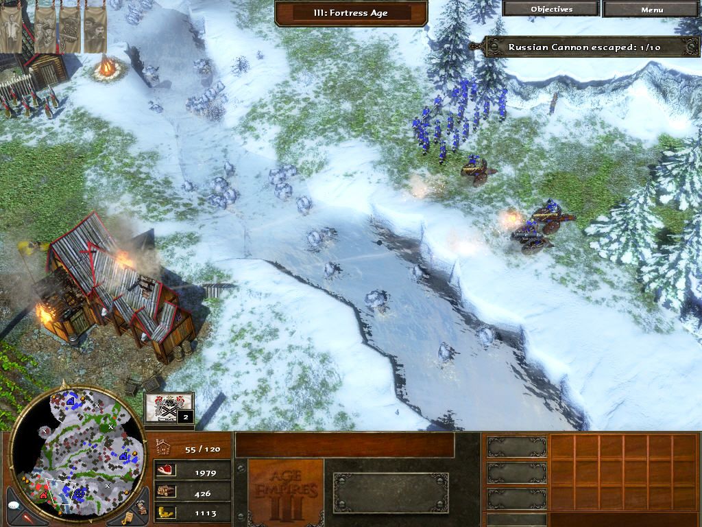 Age of Empires III (Windows) screenshot: Russian village is under attack.