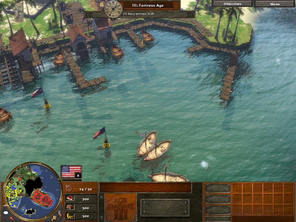 Age of Empires III (Windows) screenshot: We must defend this port, until U.S. Navy arrives.