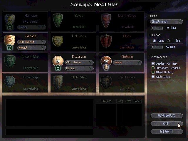 Age of Wonders (Windows) screenshot: Scenario configuration screen