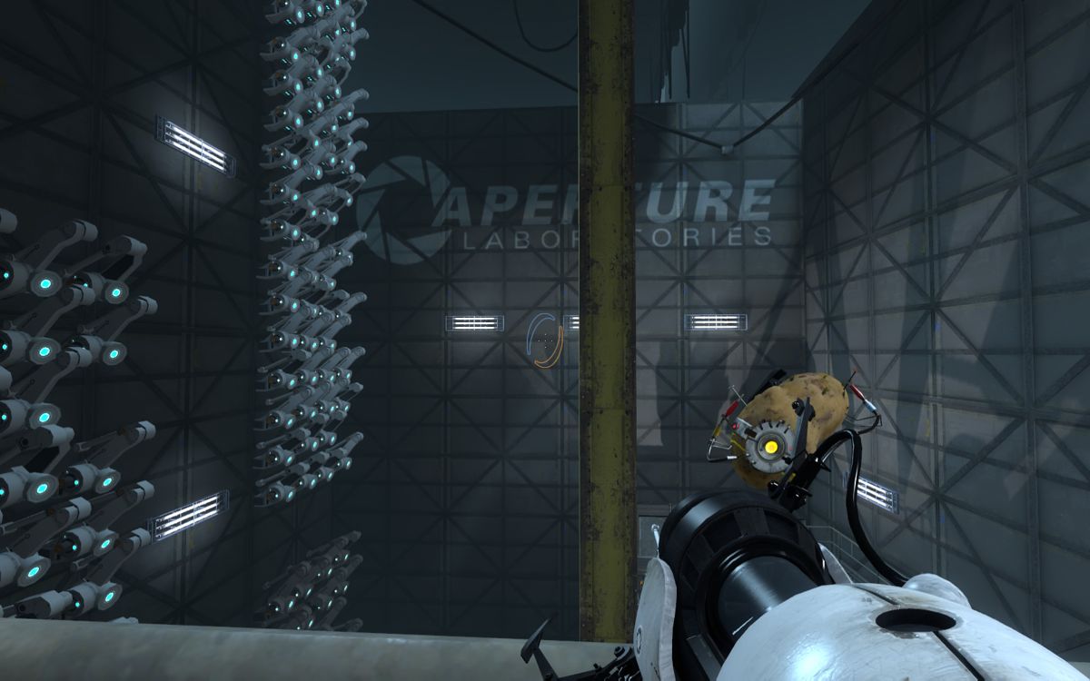 Portal 2 (Windows) screenshot: A giant storage room for turrets.