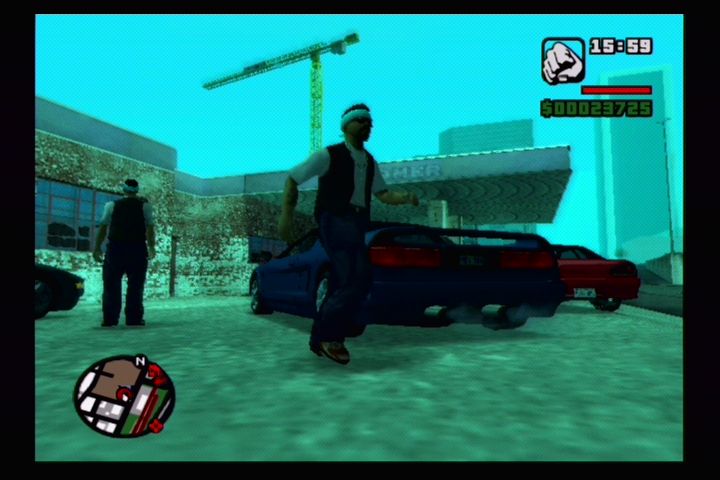Grand Theft Auto: San Andreas (PlayStation 2) screenshot: The car's booby trapped! RUN!!!