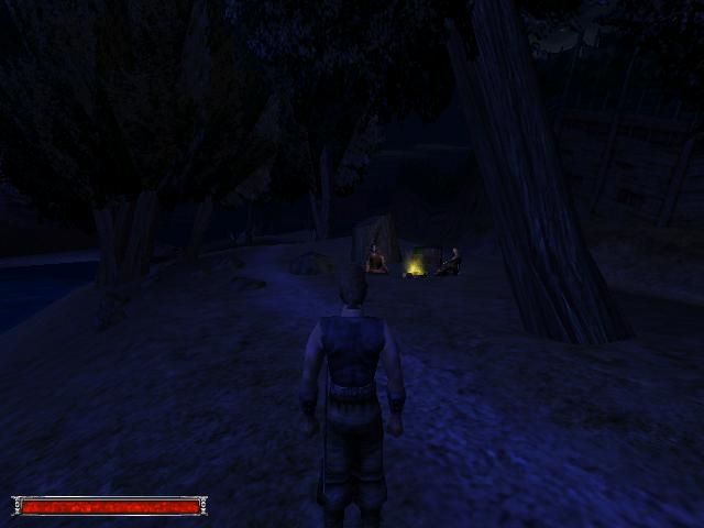 Gothic (Windows) screenshot: A campfire at night. Cozy, isn't it?..