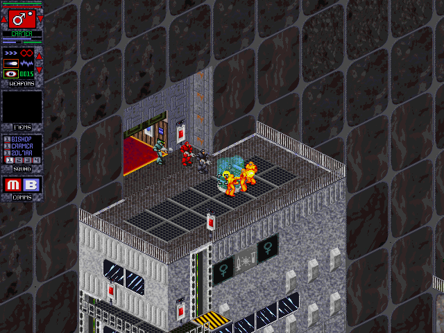 Gender Wars (DOS) screenshot: Male Species - Game start: Battling female guards (and losing)