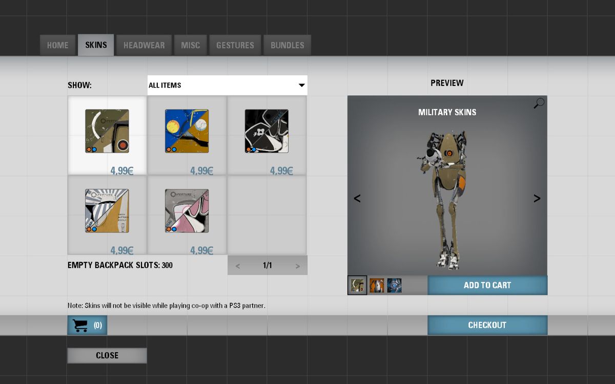 Portal 2 (Windows) screenshot: Pay real money for new skins.